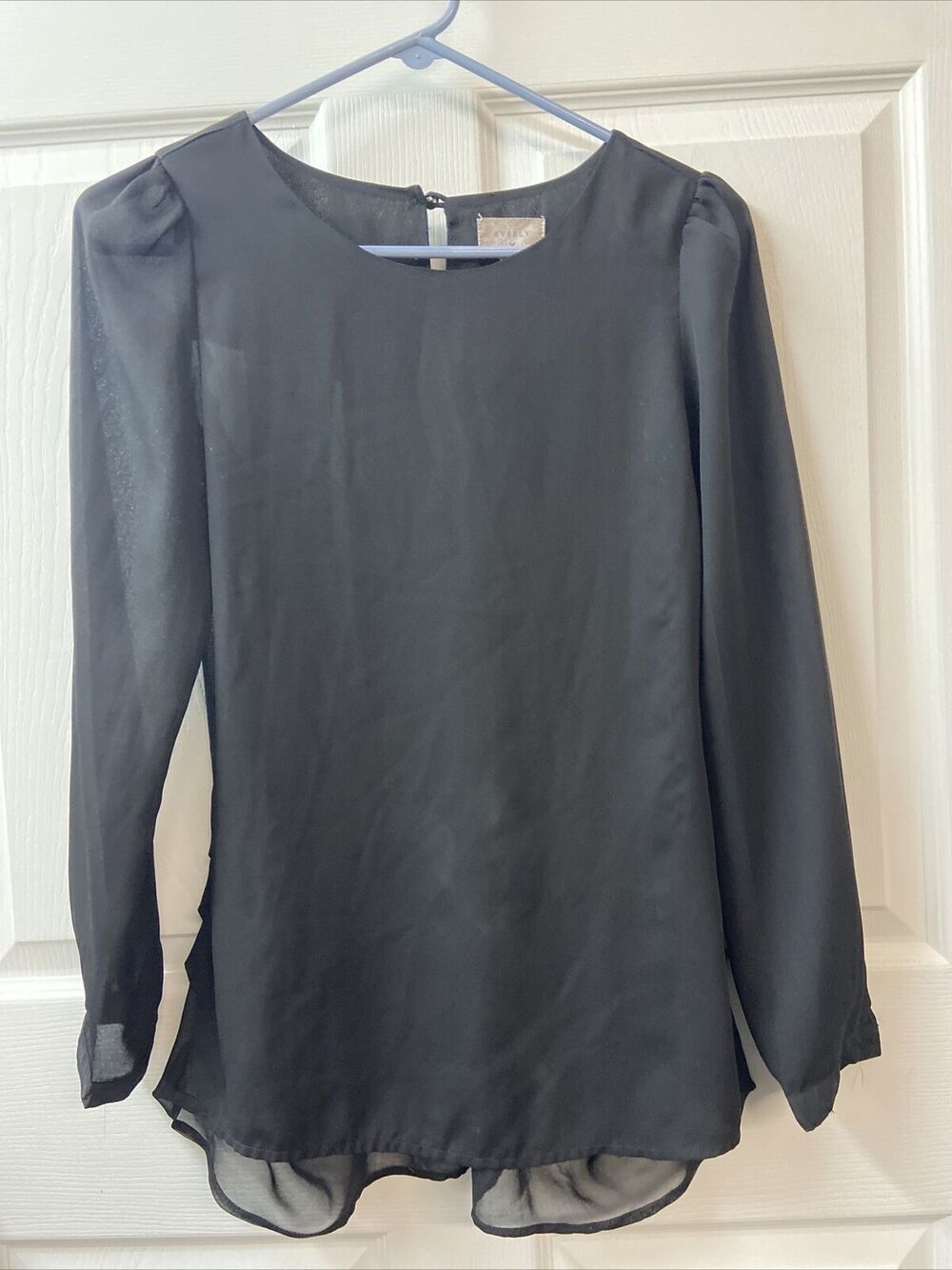 Everly Top Womens Small Black Sheer Dressy Black Blouse Long Sleeve